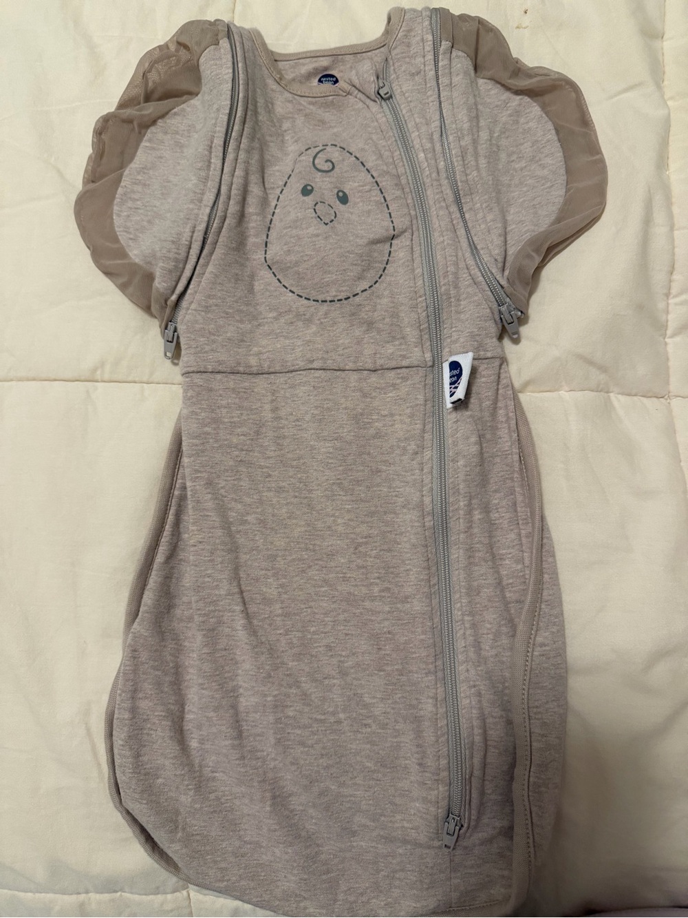 Nested Bean Beige Gray Sleep Sack Swaddle with Puff Sleeves
